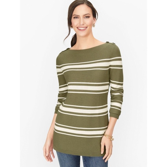 Talbots Women's Petite Green White Striped‎ Long Sleeve Knit Sweater Top Size SP - Picture 1 of 10